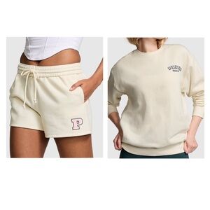 PINK Crew Neck Sweatshirt Cream Set with Matching Athletic Shorts & Panties BNWT